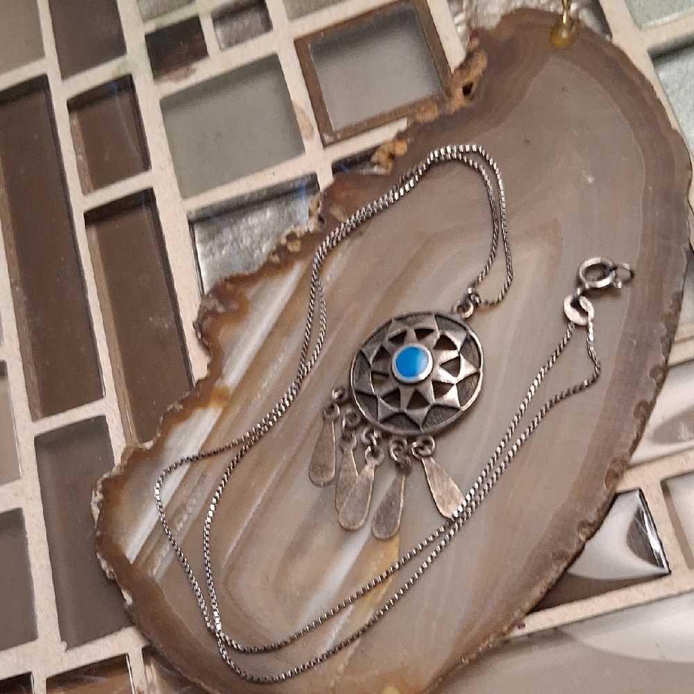 Vintage Silver Necklace with Blue Centerpiece